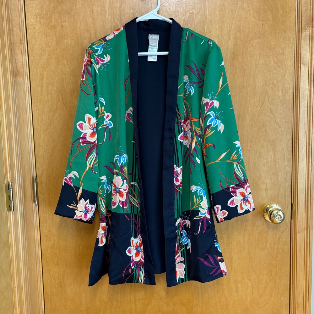 Chico's Kimono Cardigan Women 3 Green Navy Floral Open Front Botanical Wrap